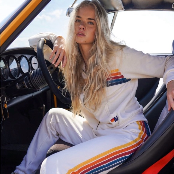 🌈 Aviator Nation Cream Rainbow Striped Hoodie - Picture 3 of 7